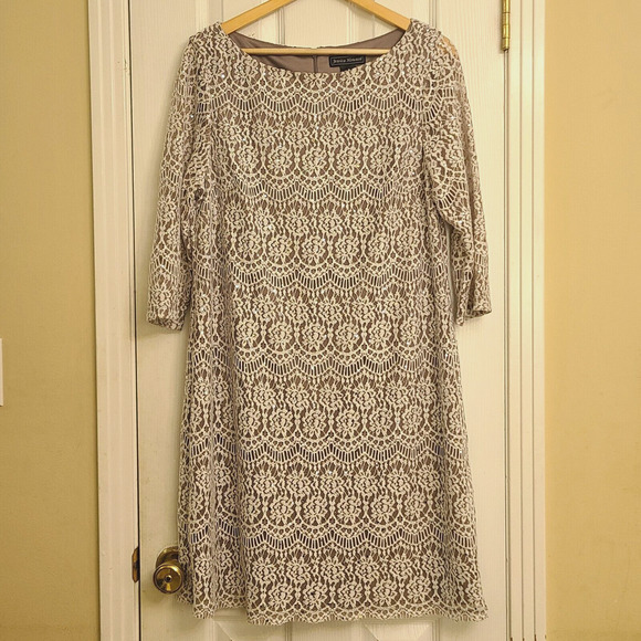 Jessica Howard Dresses & Skirts - Jessica Howard Cream Beige Sequin Crochet Lace Overlay Lined Shift Dress Size 16